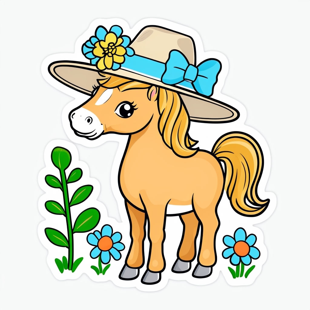 Whimsical Cartoon Horse with Hat and Flowers Sticker