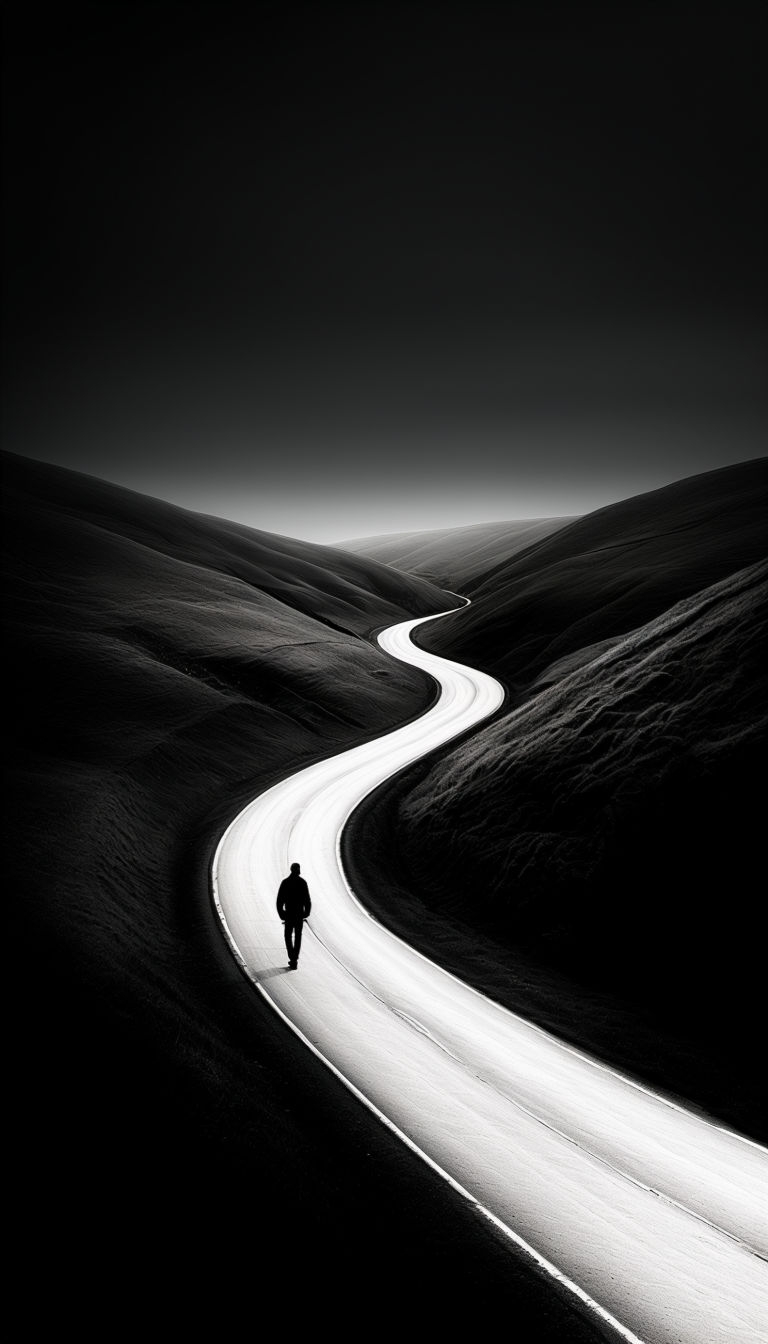 Dramatic Black and White Solitary Figure on a Winding Road Mobile Wallpaper