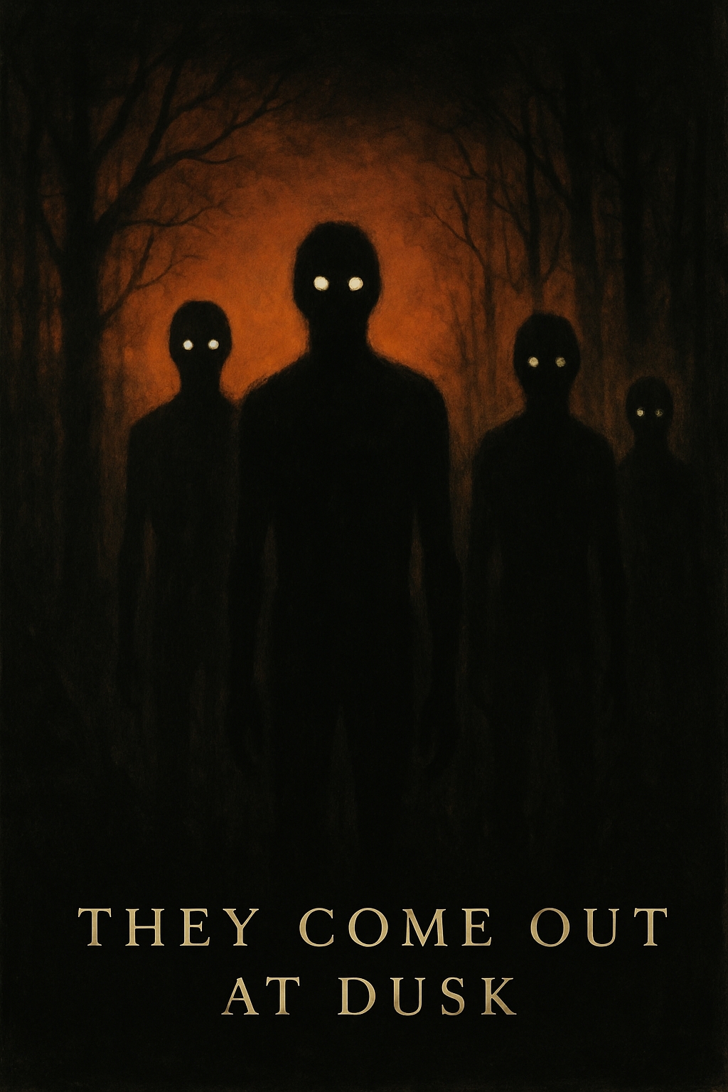 Eerie Shadowy Figures in Dark Forest at Dusk Poster