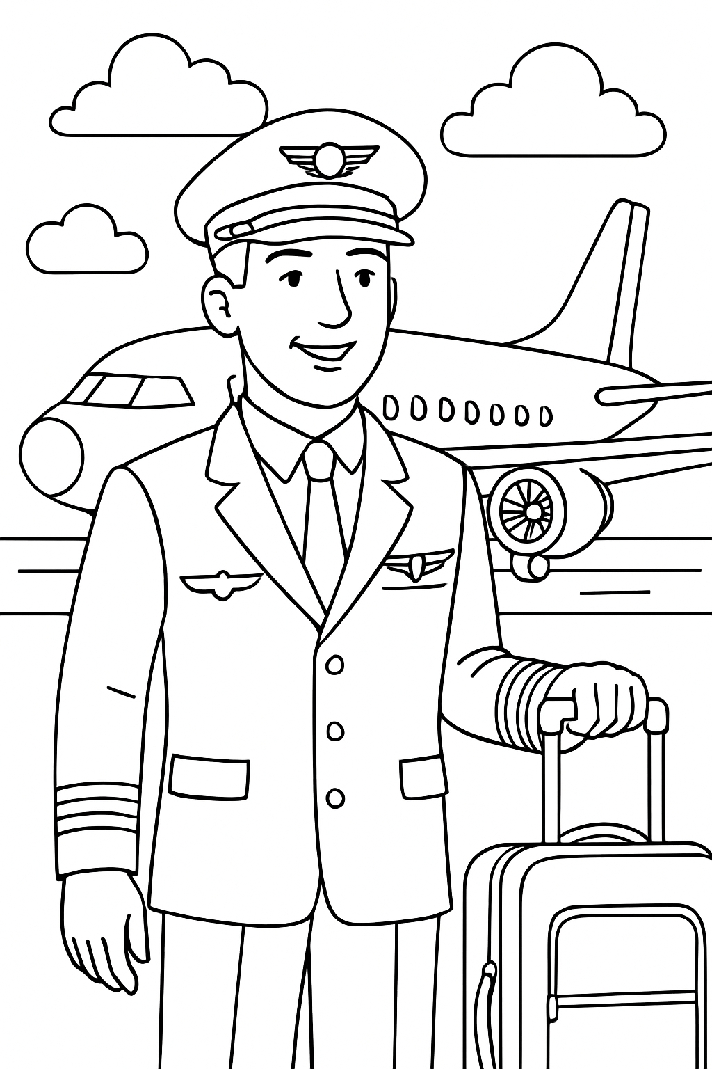 Pilot Standing in Front of Airplane Line Drawing Coloring Book Pages
