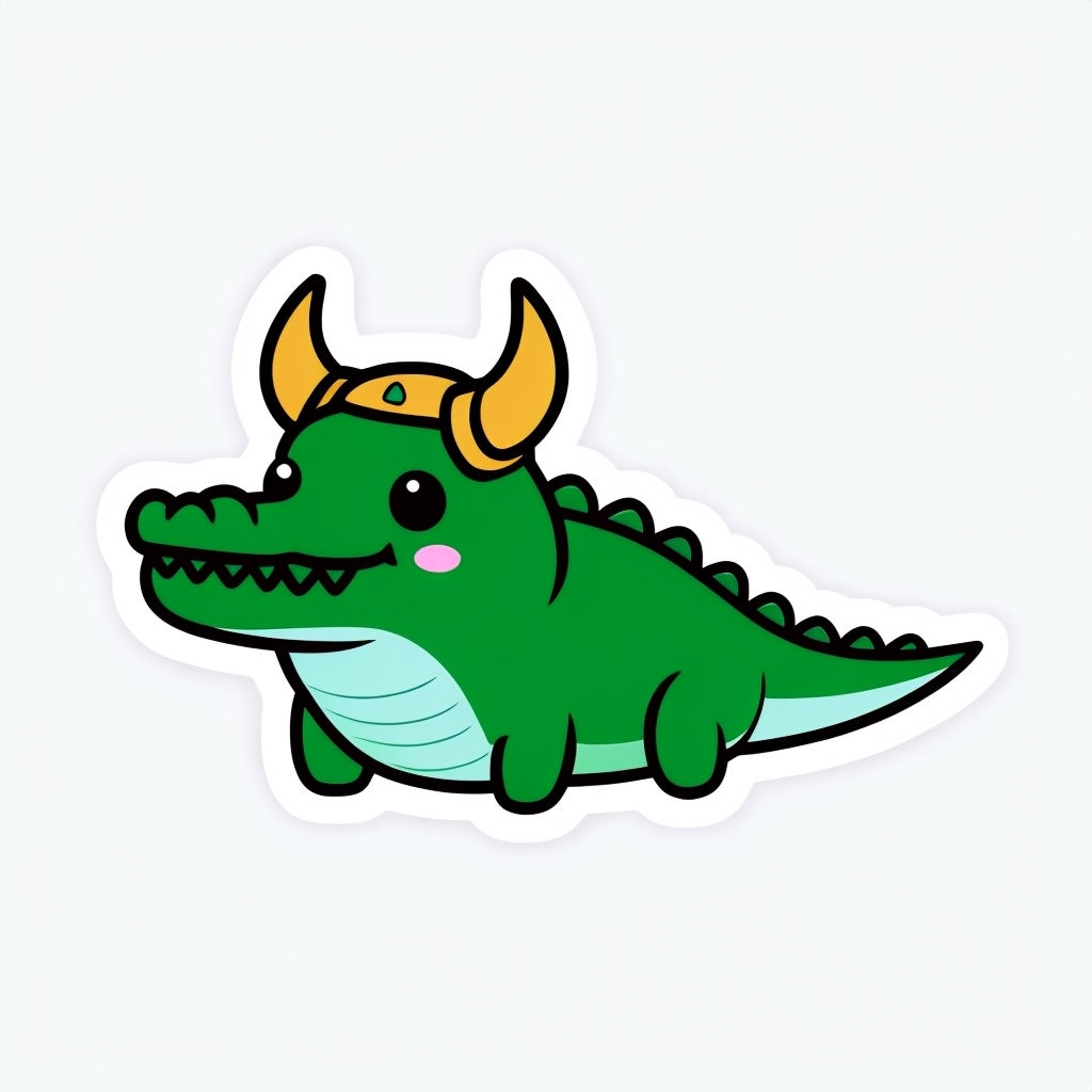 Playful Cartoon Alligator with Viking Helmet Sticker