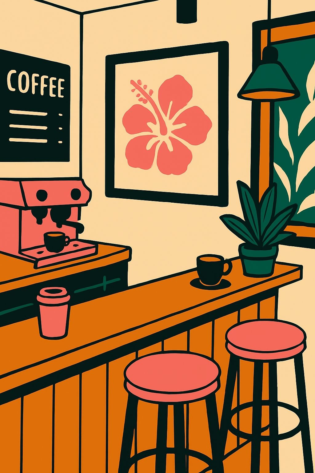 Cozy Cartoon Coffee Shop Interior Illustration Poster