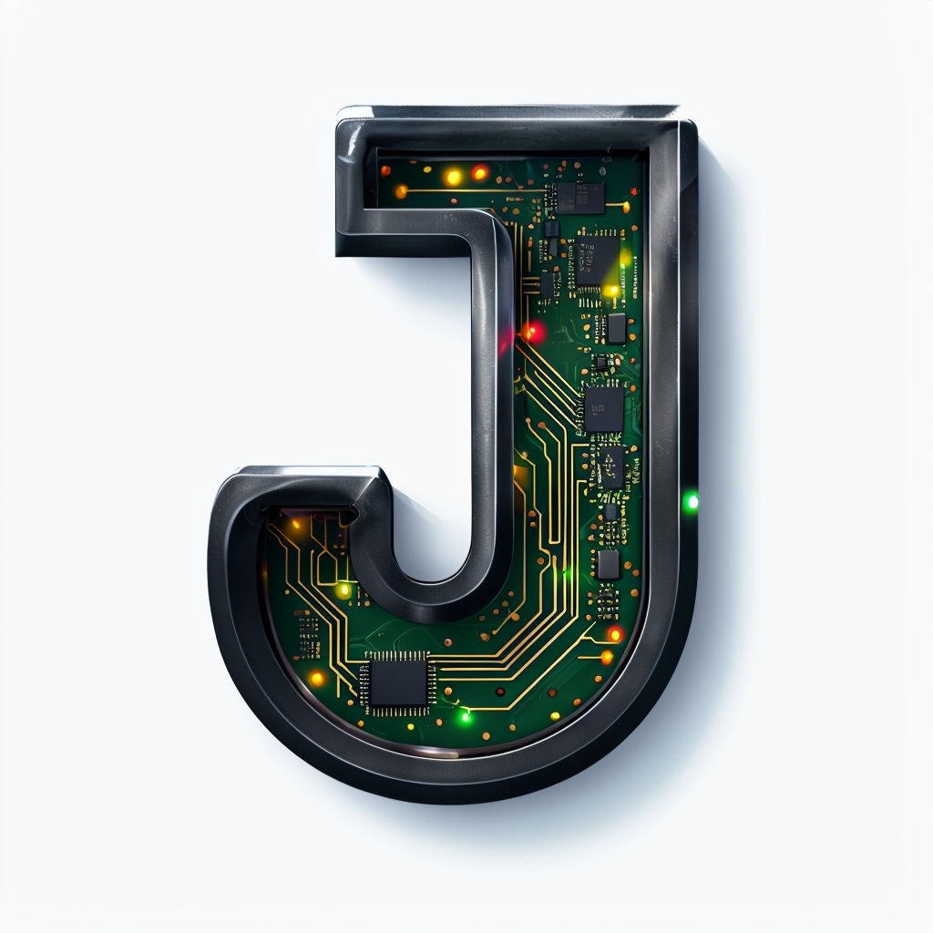 Stylized Black Metal Letter J with Circuit Board Design Monogram