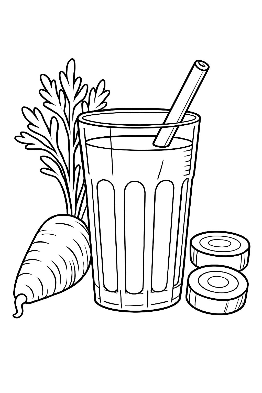 Black and White Carrot with Juice and Slices Coloring Page