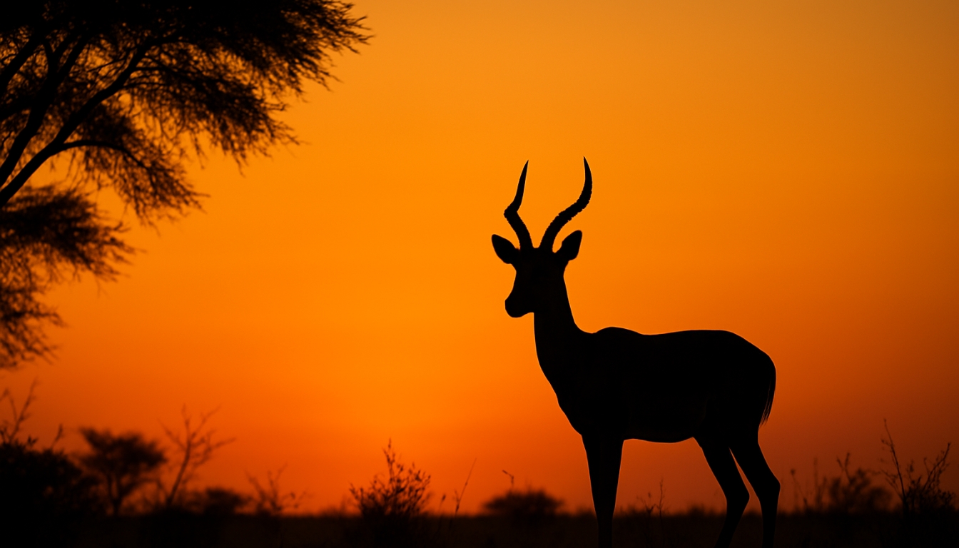 Majestic African Savanna Sunset with Silhouetted Deer Background