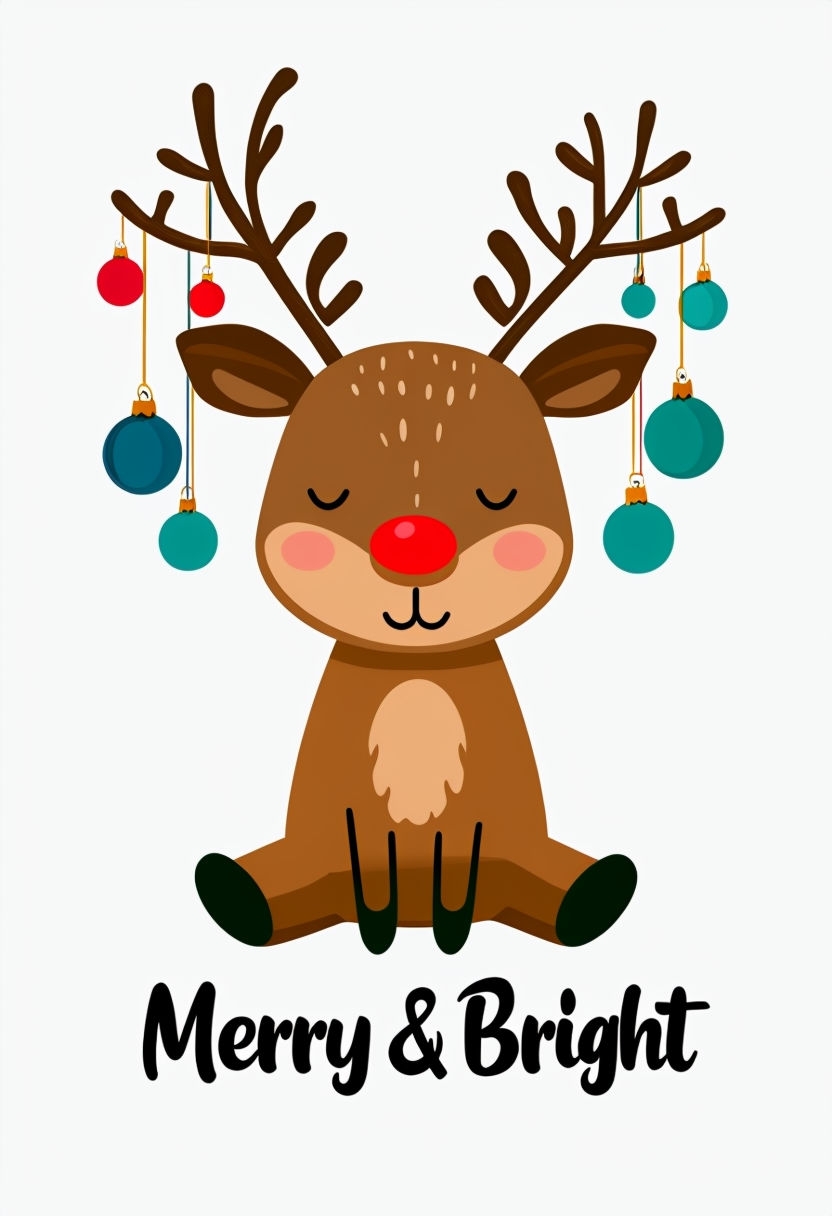 Festive Reindeer with Ornaments 'Merry & Bright' Card