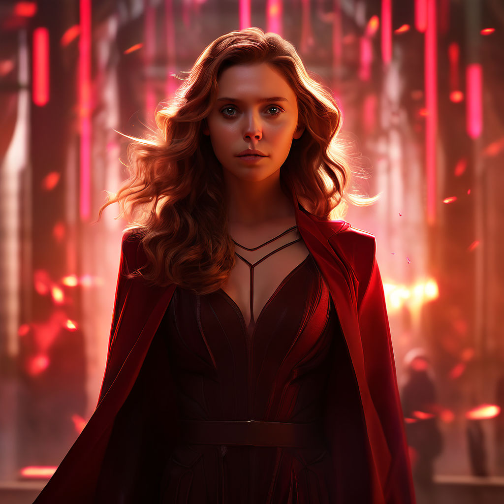 Actress Elizabeth Olsen wearing as character Scarlet Witch with big breasts  and big ass