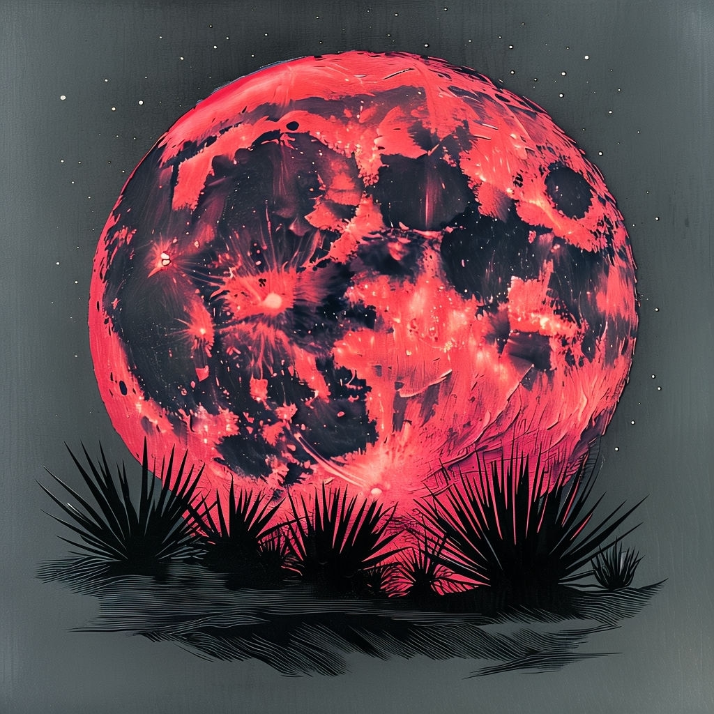Crimson Moon Over Desert Shrubs Woodblock Print T-Shirt