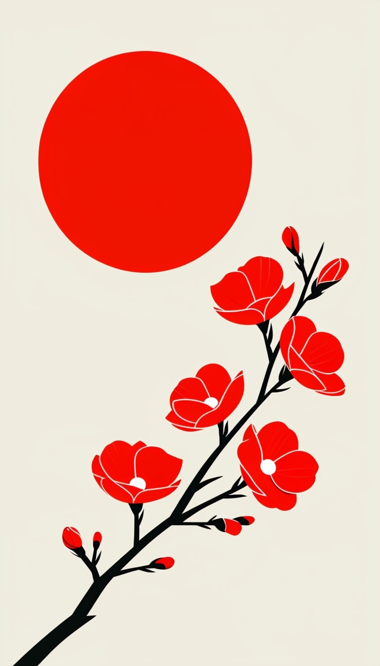 Vibrant Red Circle and Branch Minimalist Mobile Wallpaper