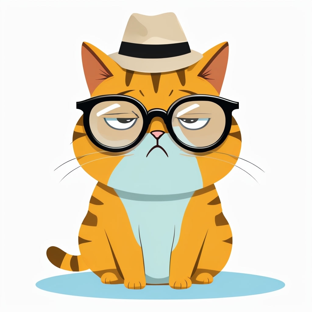 Chubby Orange Cat with Glasses and Fedora Cartoon T-Shirt