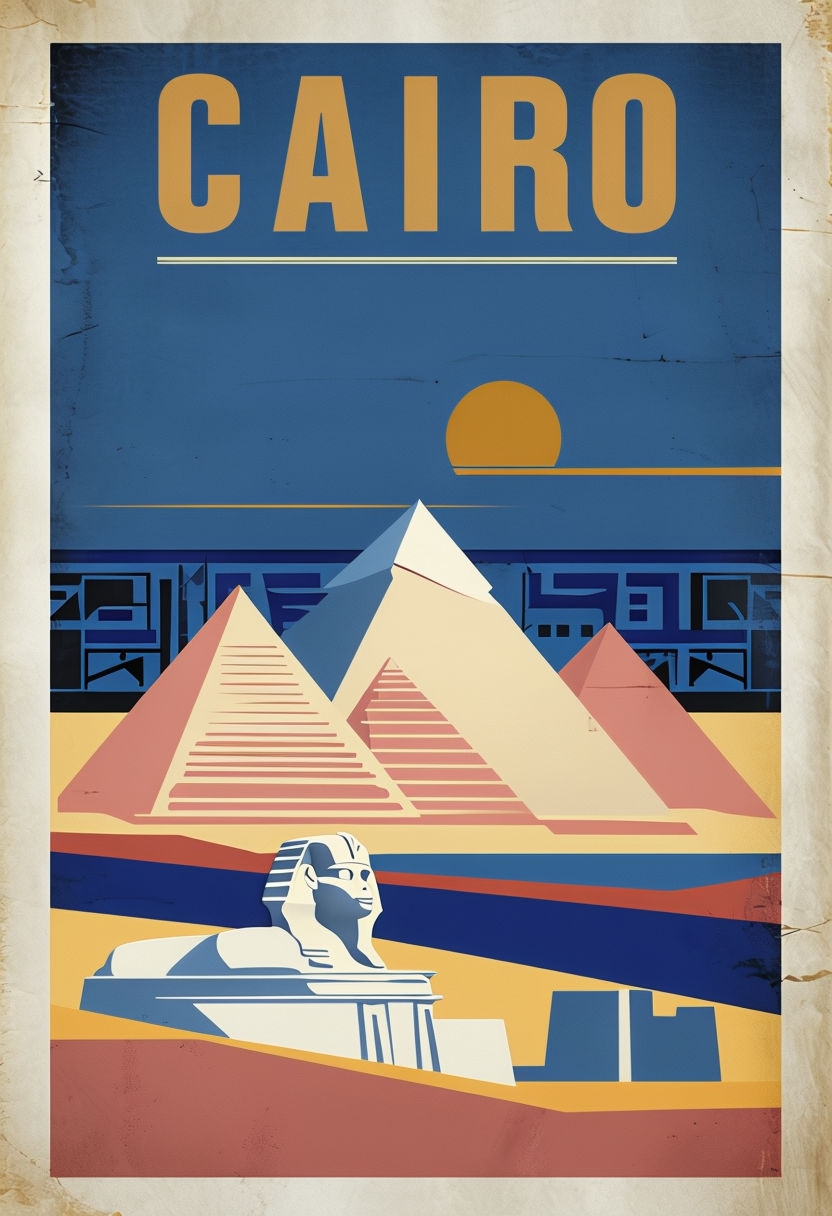 Vintage Cairo Travel Poster Featuring Pyramids and Sphinx Design