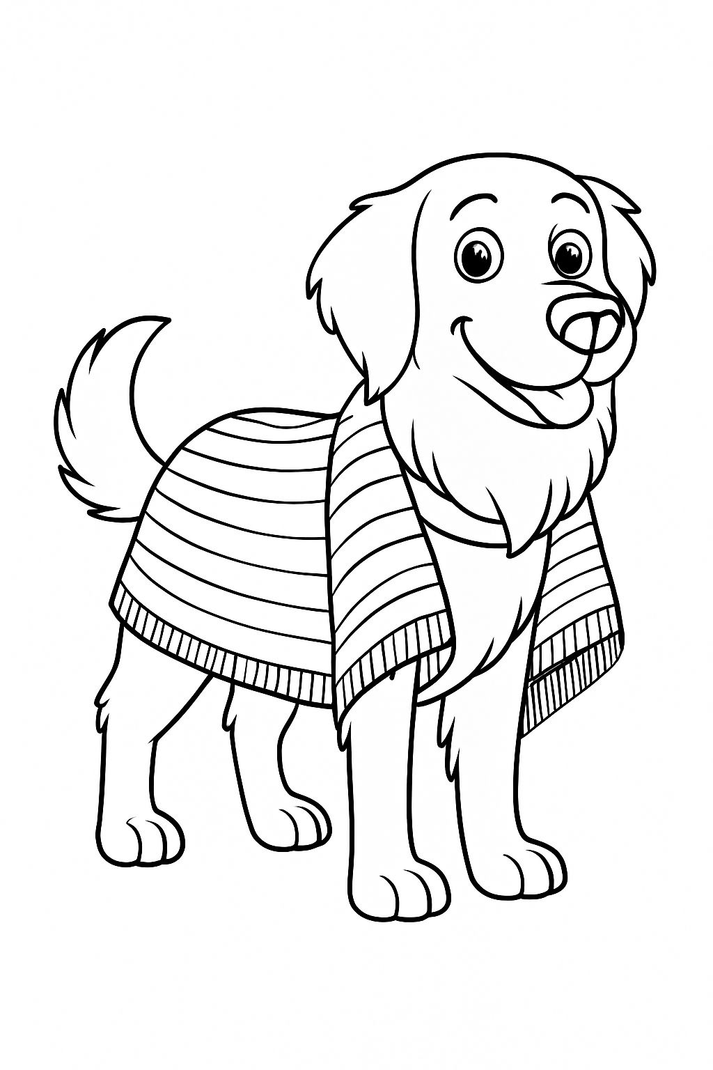 Joyful Cartoon Golden Retriever with Striped Poncho Coloring Book Pages