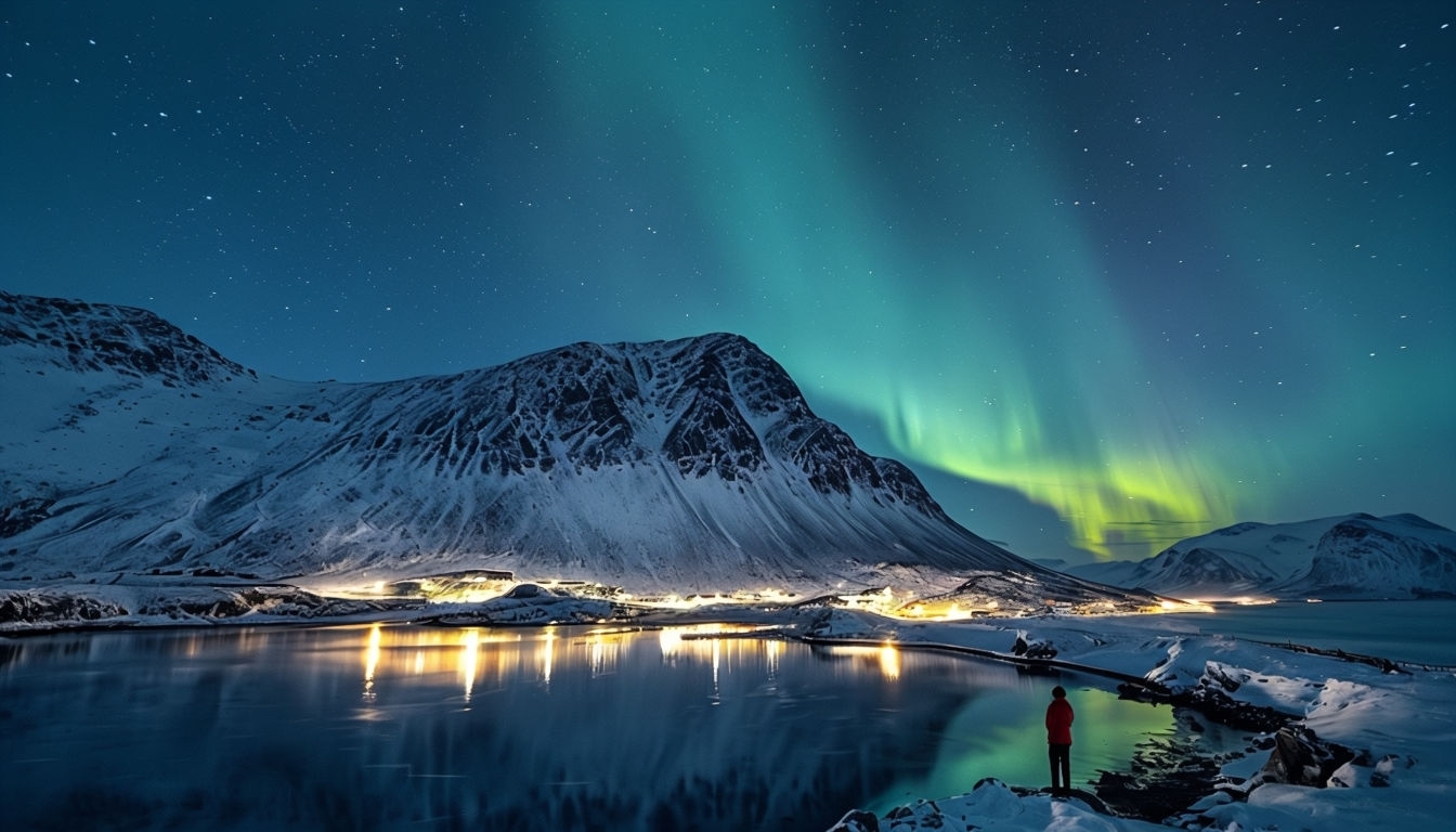 Majestic Aurora Borealis Over Snow-Covered Mountains Photo Background