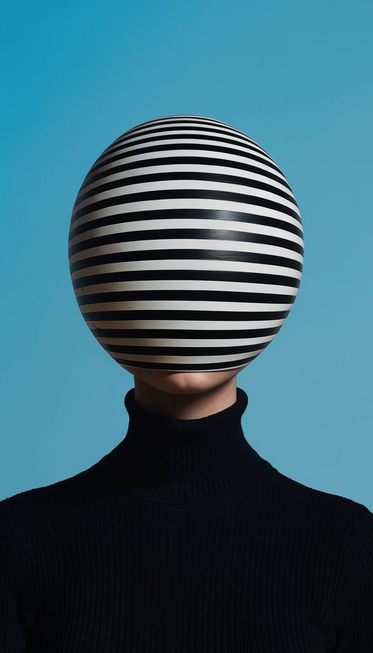 Mysterious Portrait with Striped Sphere Against Blue Gradient Background Art