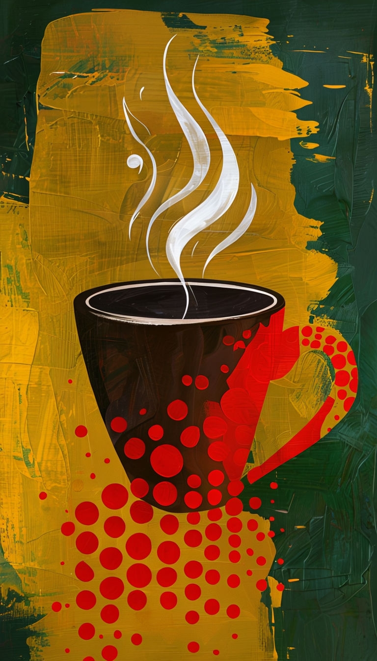 Bold Coffee Cup Illustration with Red Dots and Organic Elements Mobile Wallpaper