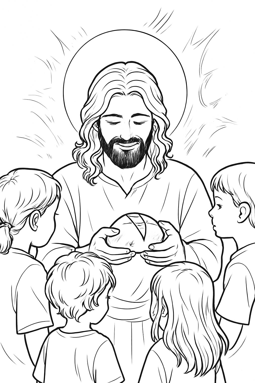 Jesus Christ Surrounded by Children Line Art for Coloring Book Pages