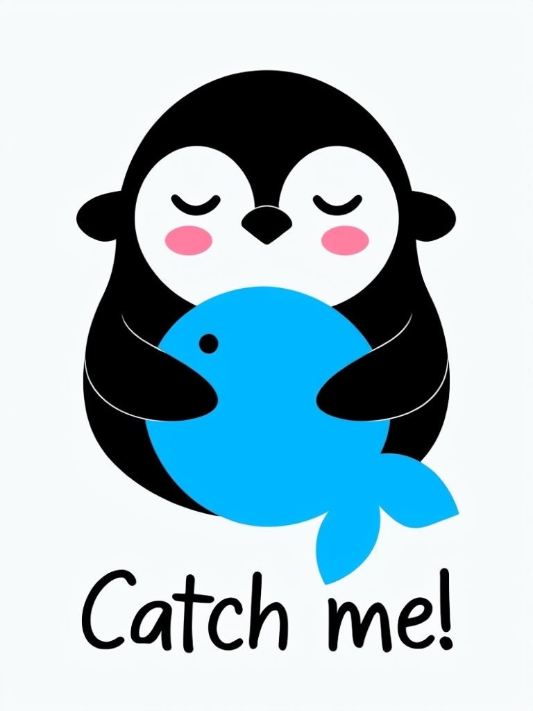 Cute Minimalist Penguin Holding a Blue Fish T-Shirt