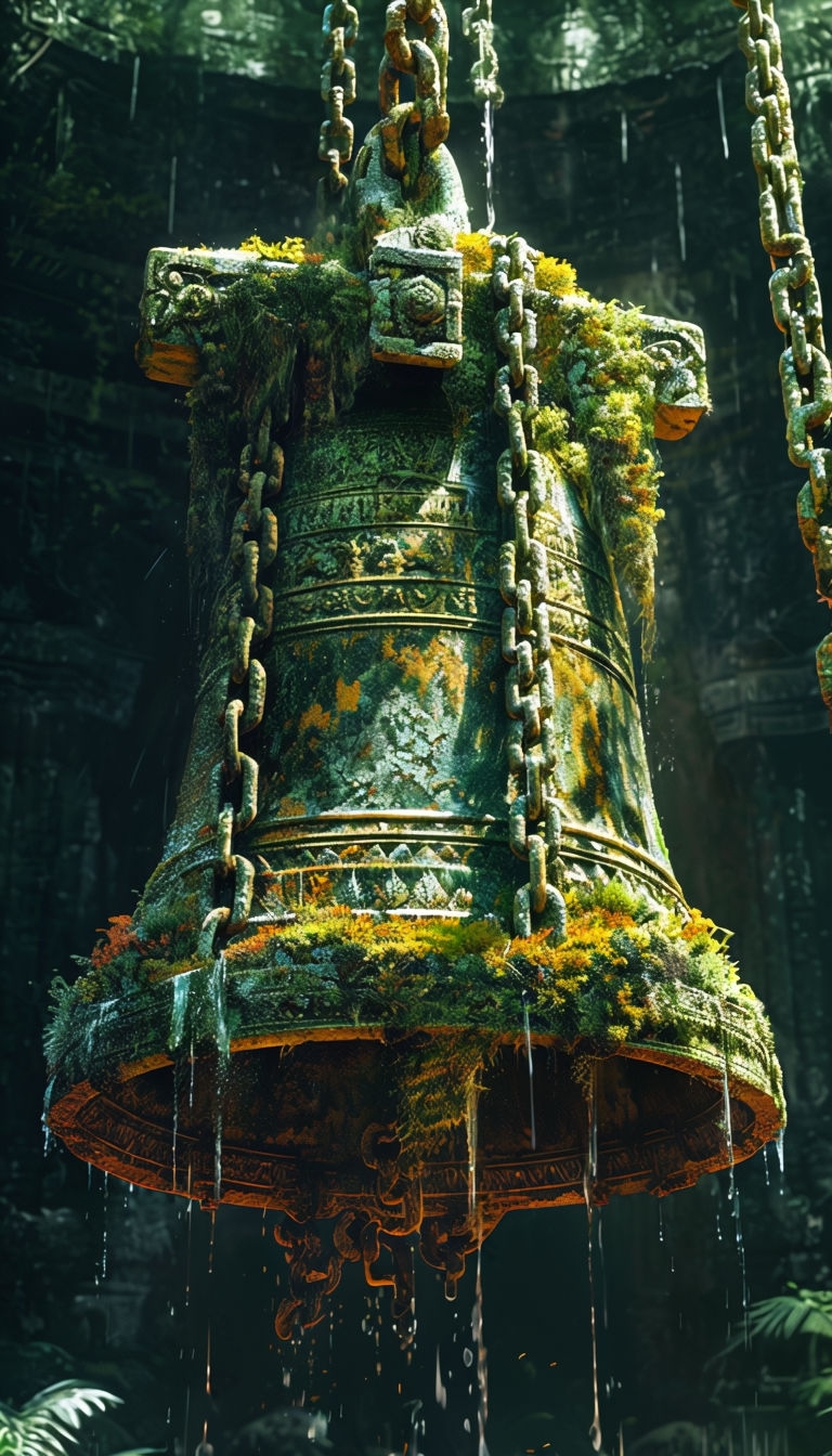 Ancient Temple Bell with Elemental Decay and Lush Moss Art
