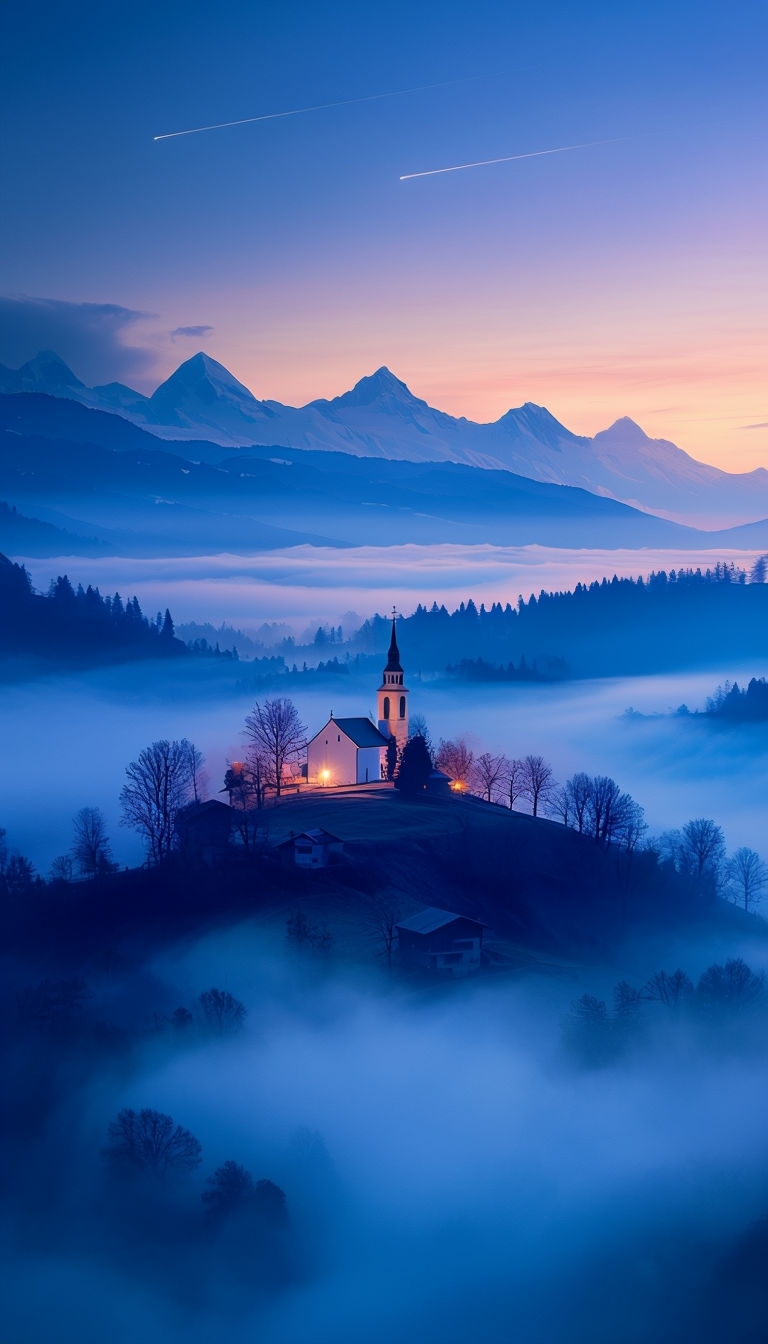 Tranquil Dawn Landscape with Misty Hills and Snow-Capped Mountains Mobile Wallpaper