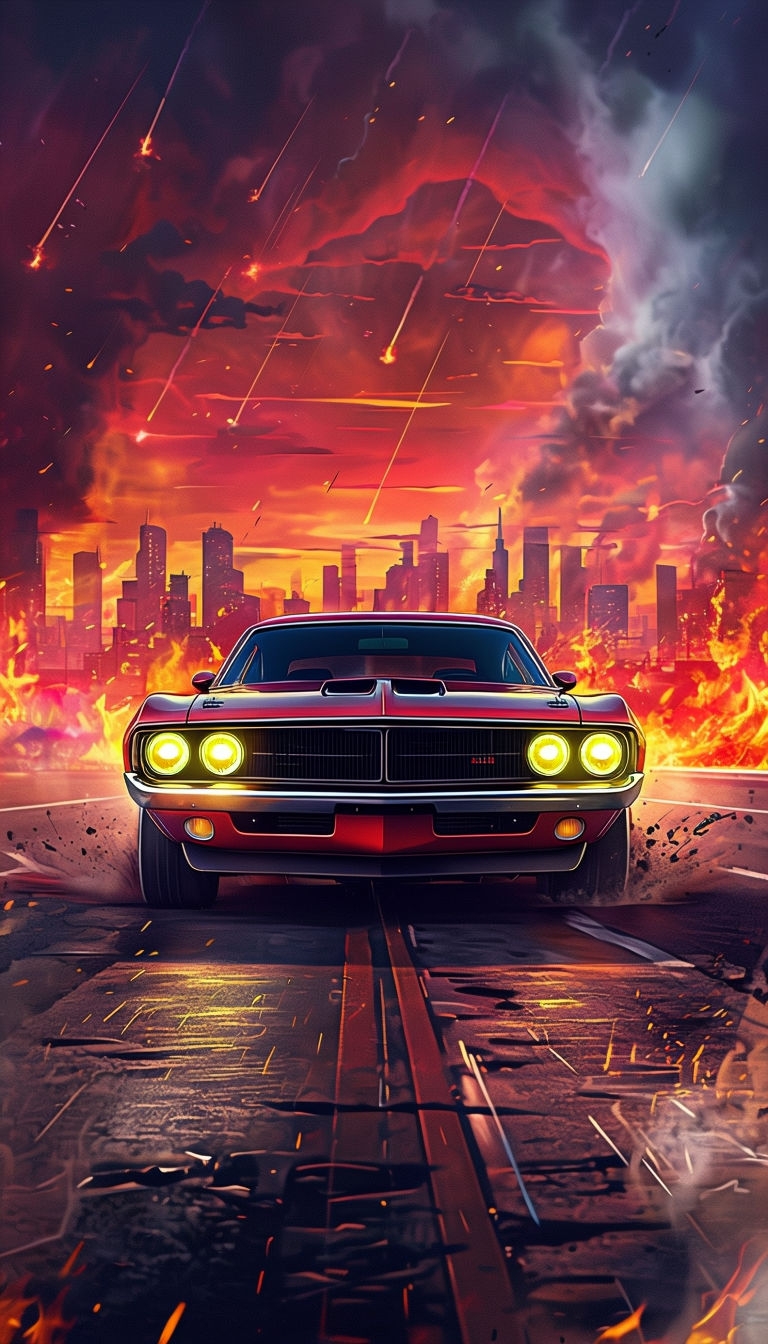 Intense Red Muscle Car Under Fiery Urban Skyline Phone Case Covers