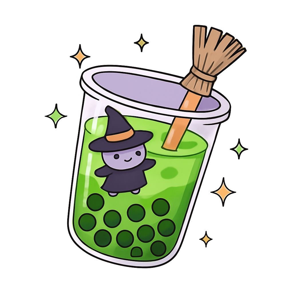 Whimsical Matcha Tea Witch Cartoon Illustration Sticker