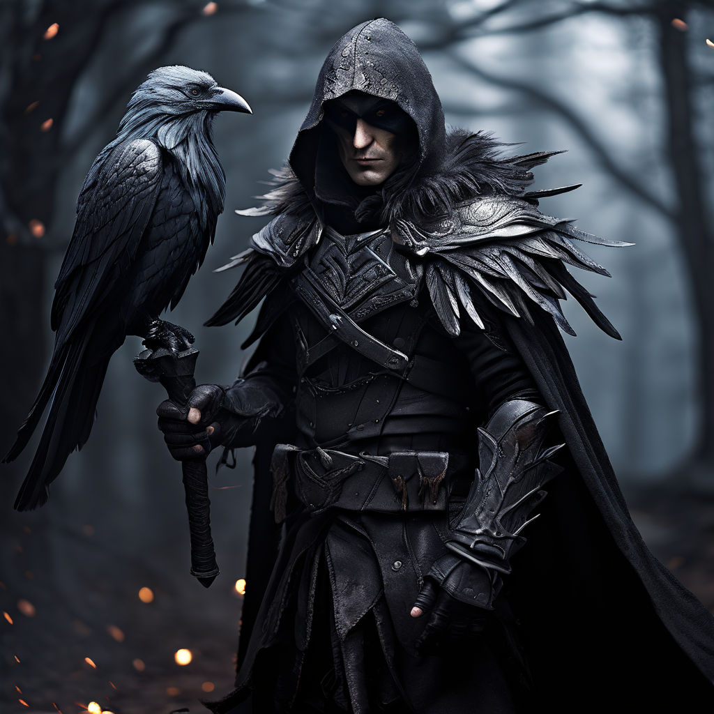 hooded man wearing garb made of raven feathers