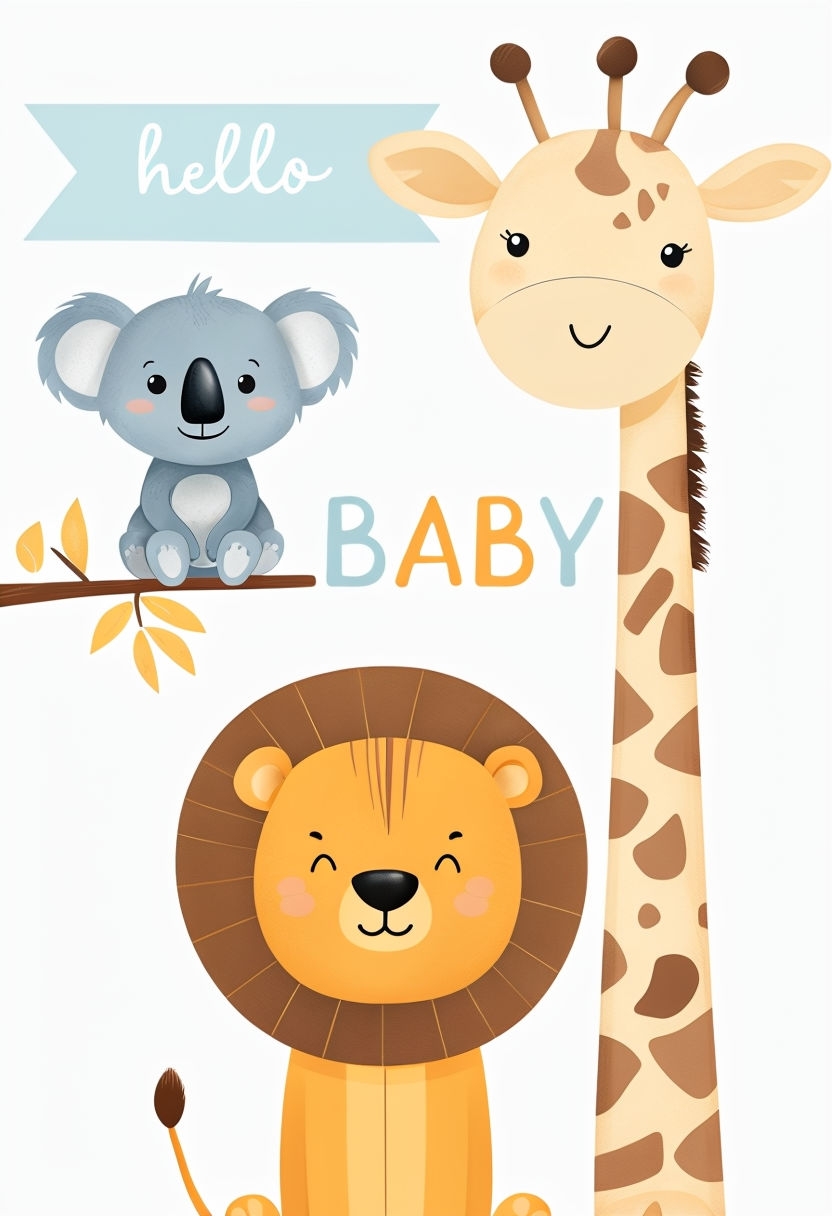 Cheerful Baby Greeting with Cartoon Animals Illustration Card