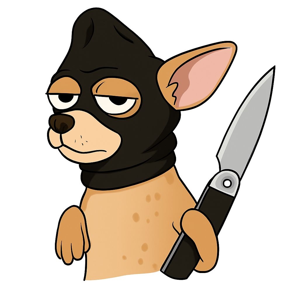 Humorous Cartoon Chihuahua in Ski Mask Holding Knife Sticker