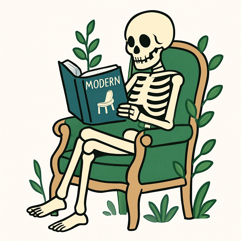 Whimsical Skeleton Reading Book in Green Armchair Sticker