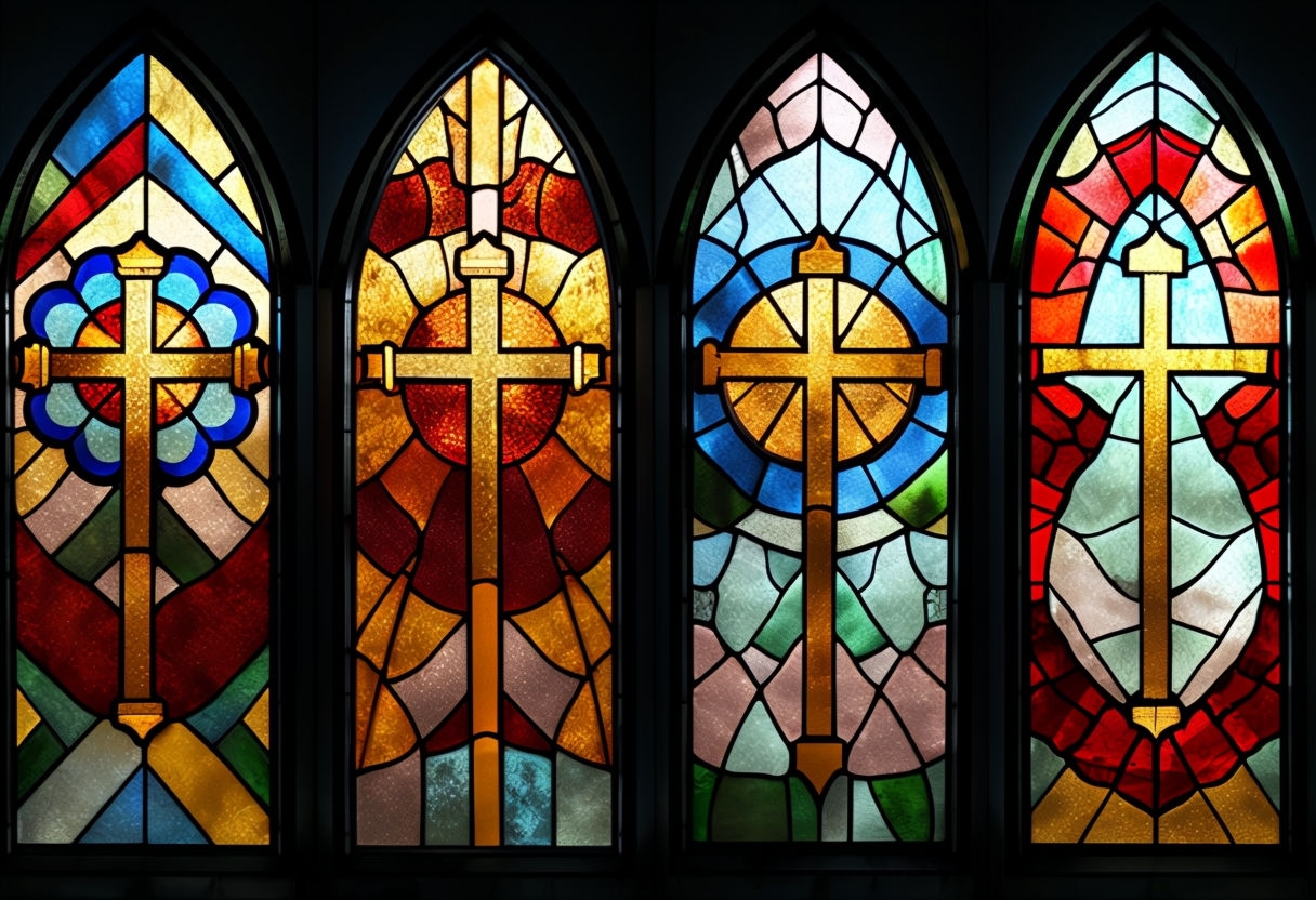 Vibrant Gothic Stained Glass Windows with Golden Crosses Poster