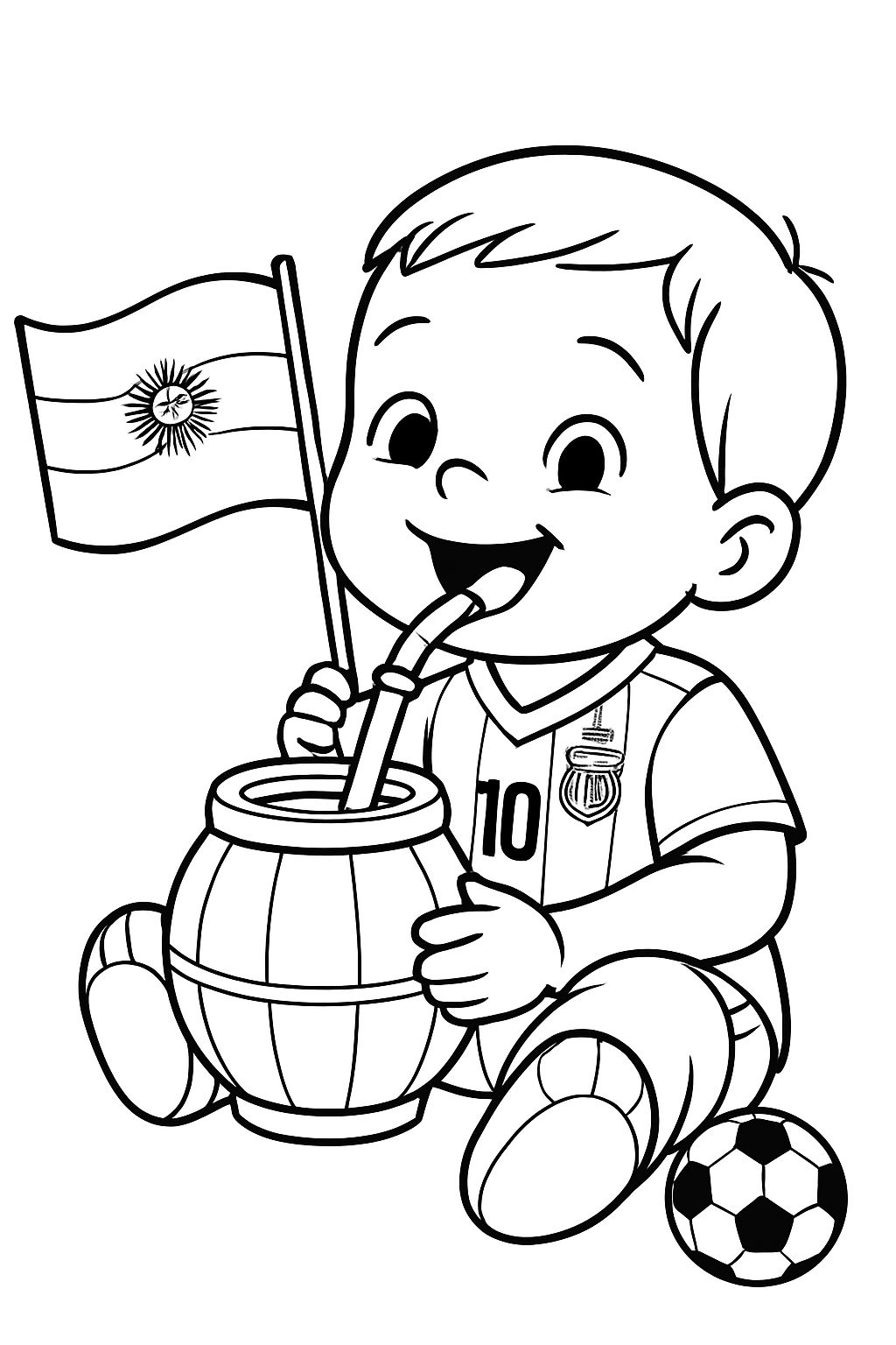 Cheerful Cartoon Child with Uruguay Jersey and Calabash Coloring Book Pages