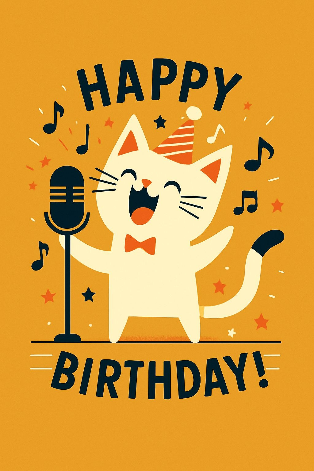 Cheerful Cartoon Cat Singing Birthday Card Design for Celebrations