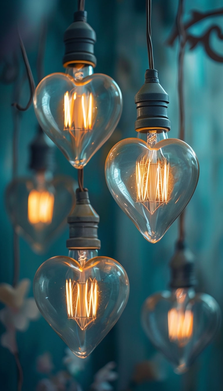 Vintage Heart-Shaped Light Bulbs with Warm Glow Poster