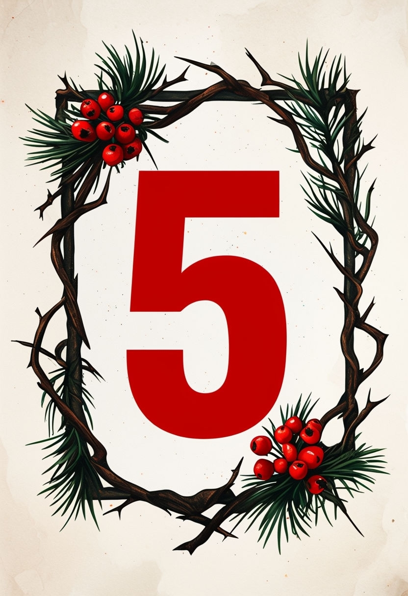 Festive Countdown Sign with Red Number 5 and Natural Elements Event Sign
