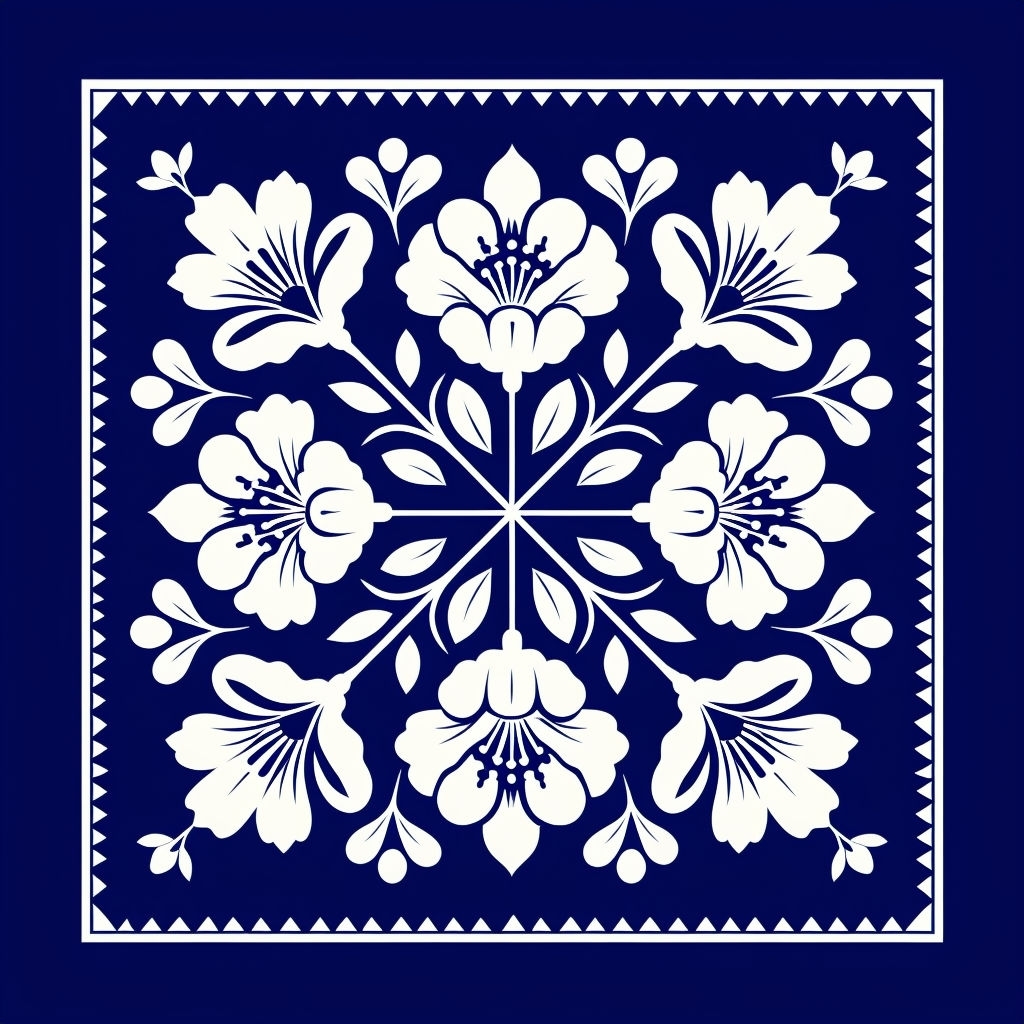 Symmetrical Floral Pattern in White and Navy Blue Design Seamless Pattern