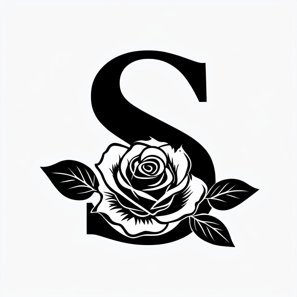 Elegant Black 'S' Letter with Rose Minimalist Illustration Monogram