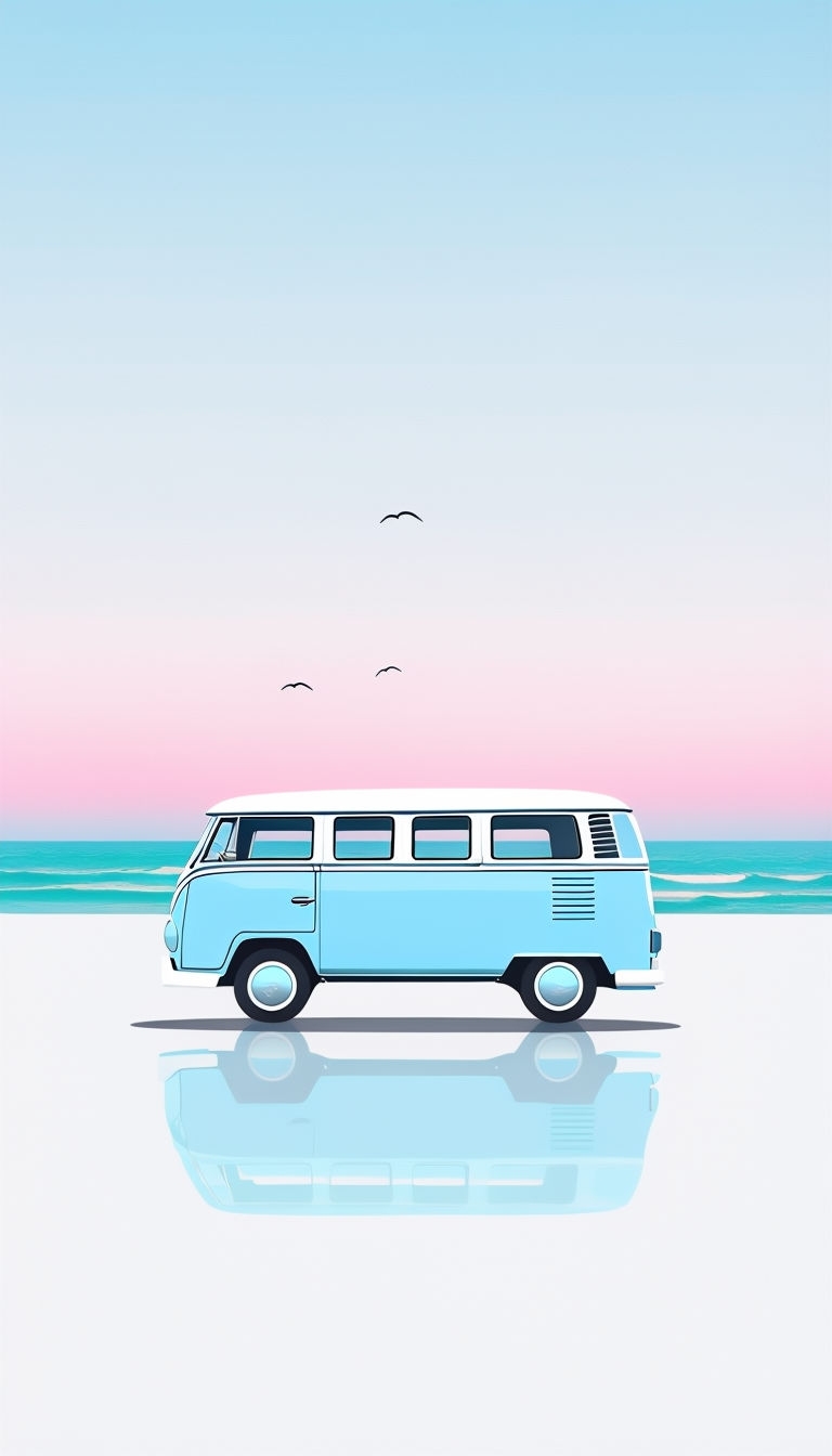 Vintage Volkswagen Van Minimalist Seascape Illustration Mobile Wallpaper