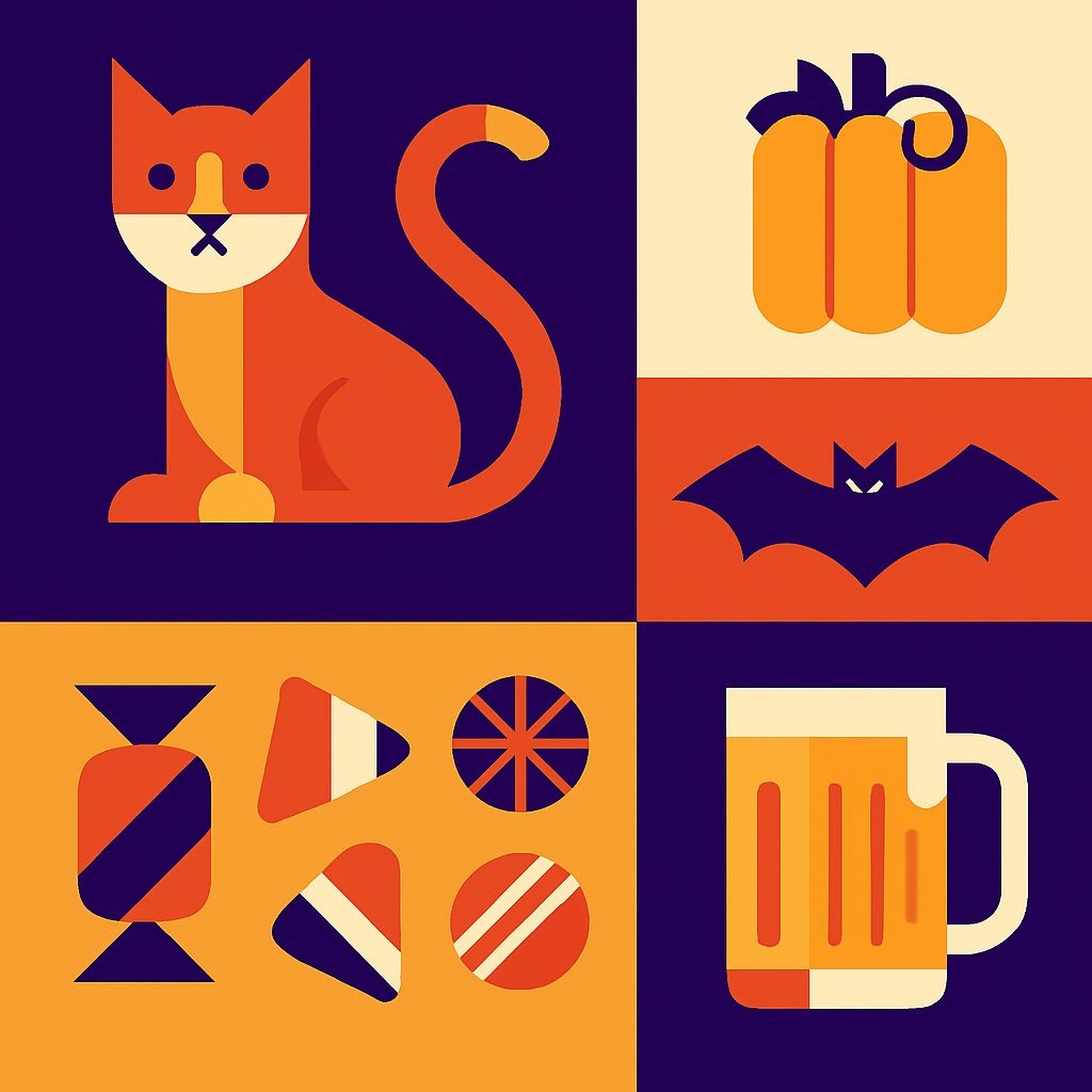 Stylized Halloween Icons Minimalist Grid Pattern Design Seamless Pattern