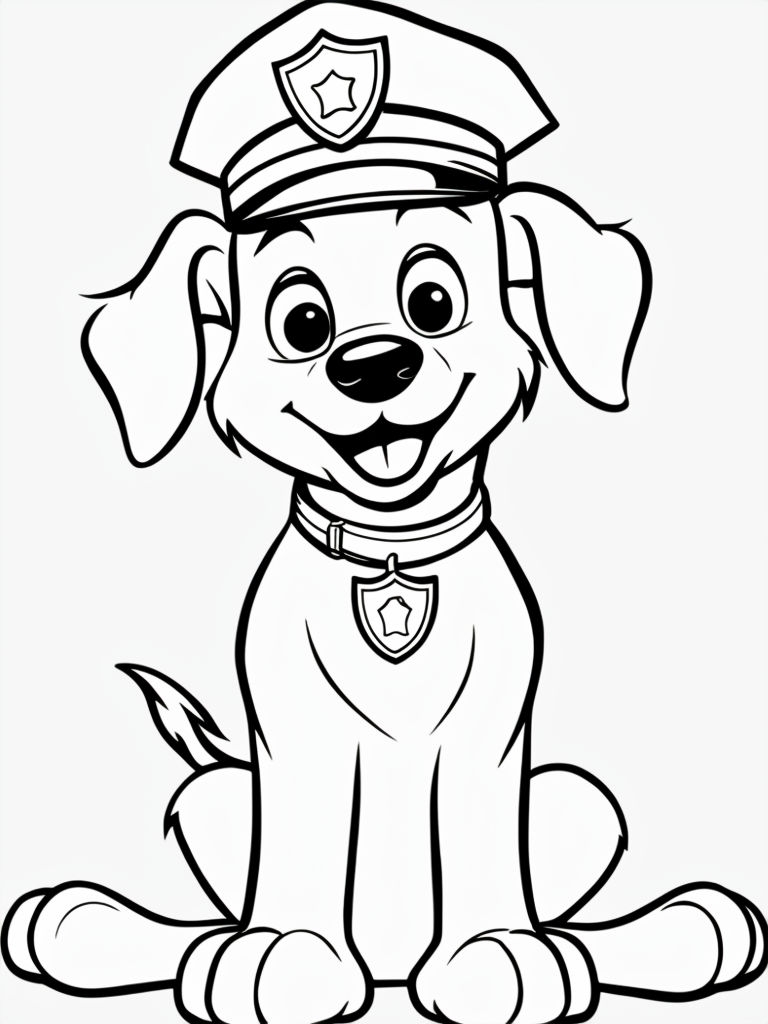 Cute Cartoon Police Dog Character Line Drawing Coloring Page