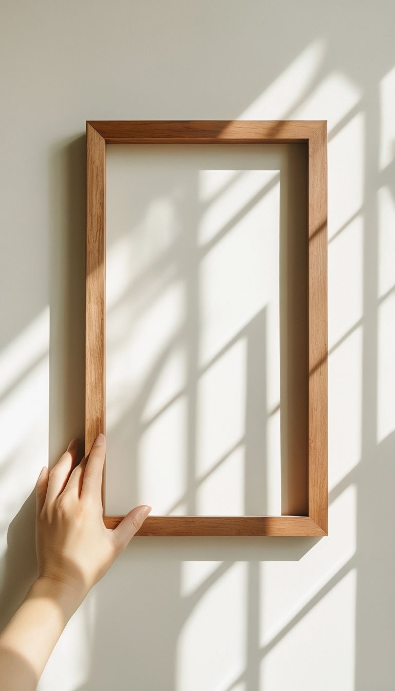 Elegant Wooden Picture Frame Mockup on Light Beige Wall