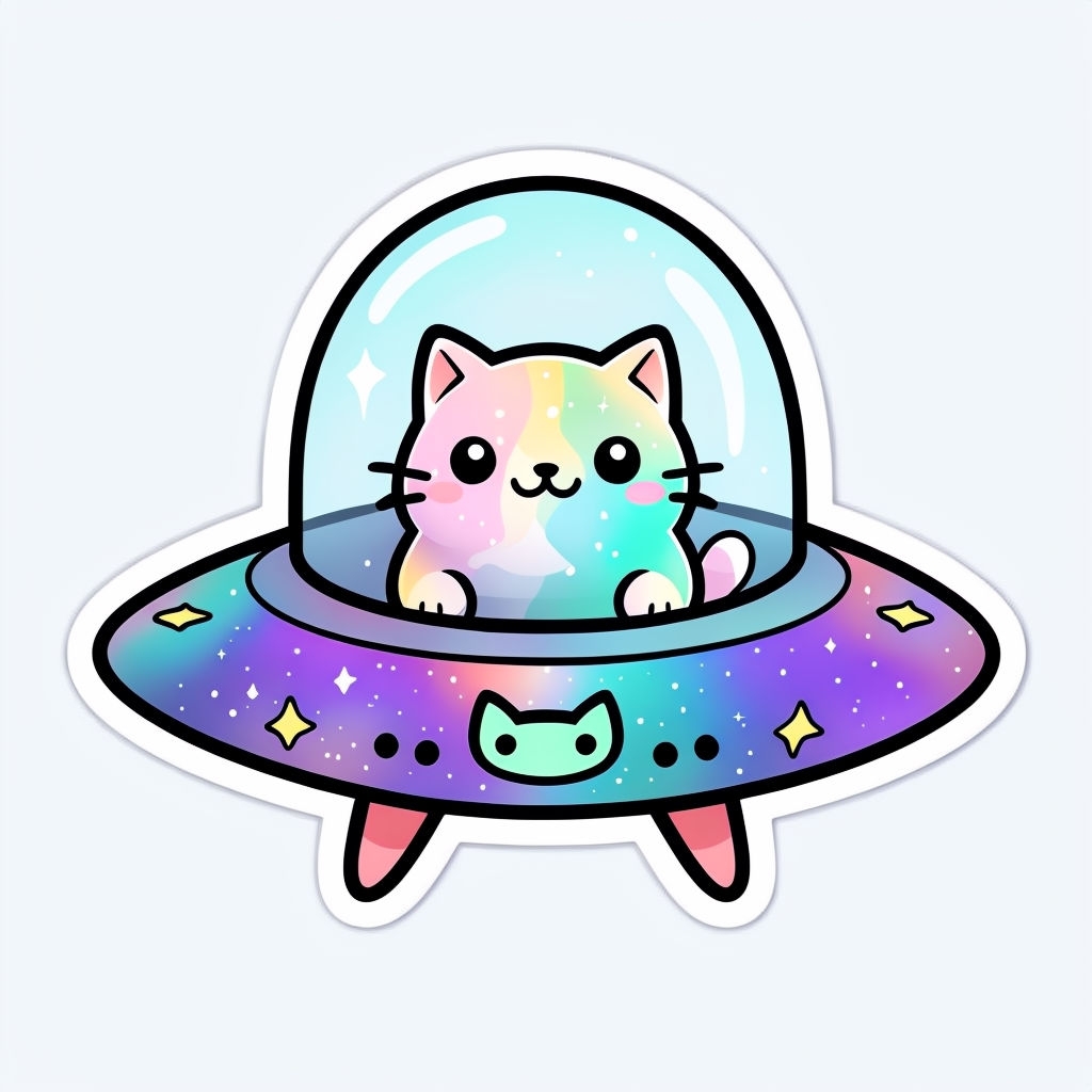 Cute Cartoon Cat in UFO with Rainbow Colors Sticker