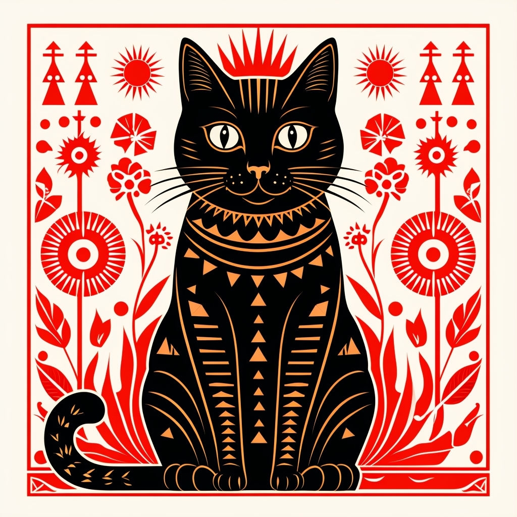 Striking Black Cat Folk Art Illustration with Intricate Patterns Seamless Pattern