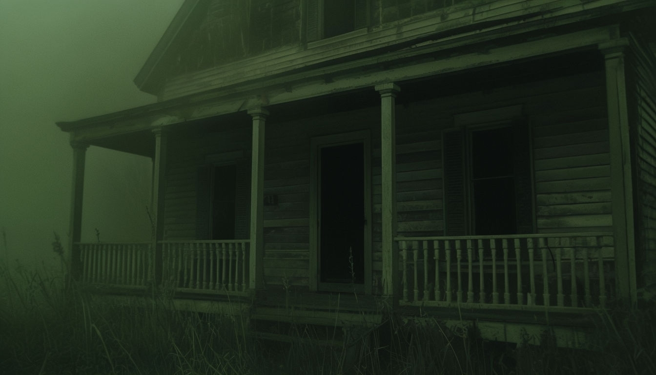 Eerie Monochromatic Green Abandoned House Virtual Background