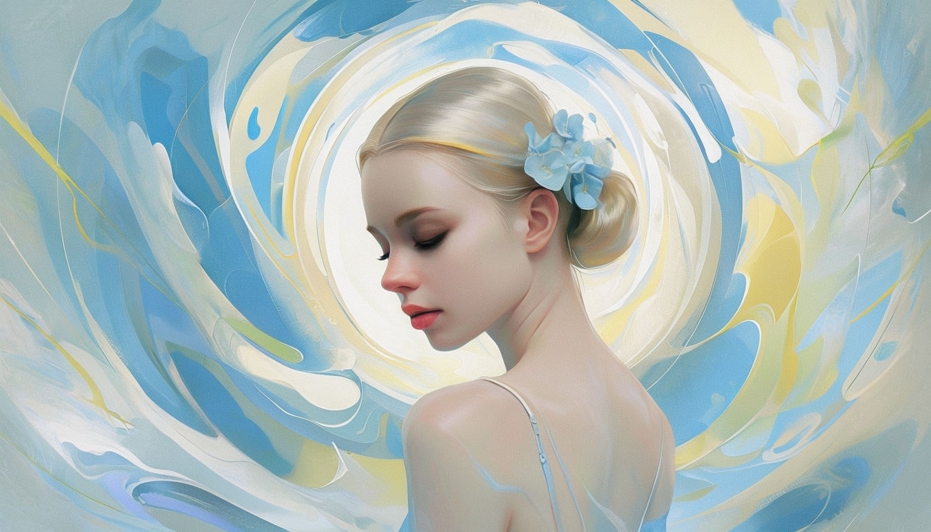 Serene Surrealistic Young Woman with Floral Accents Background