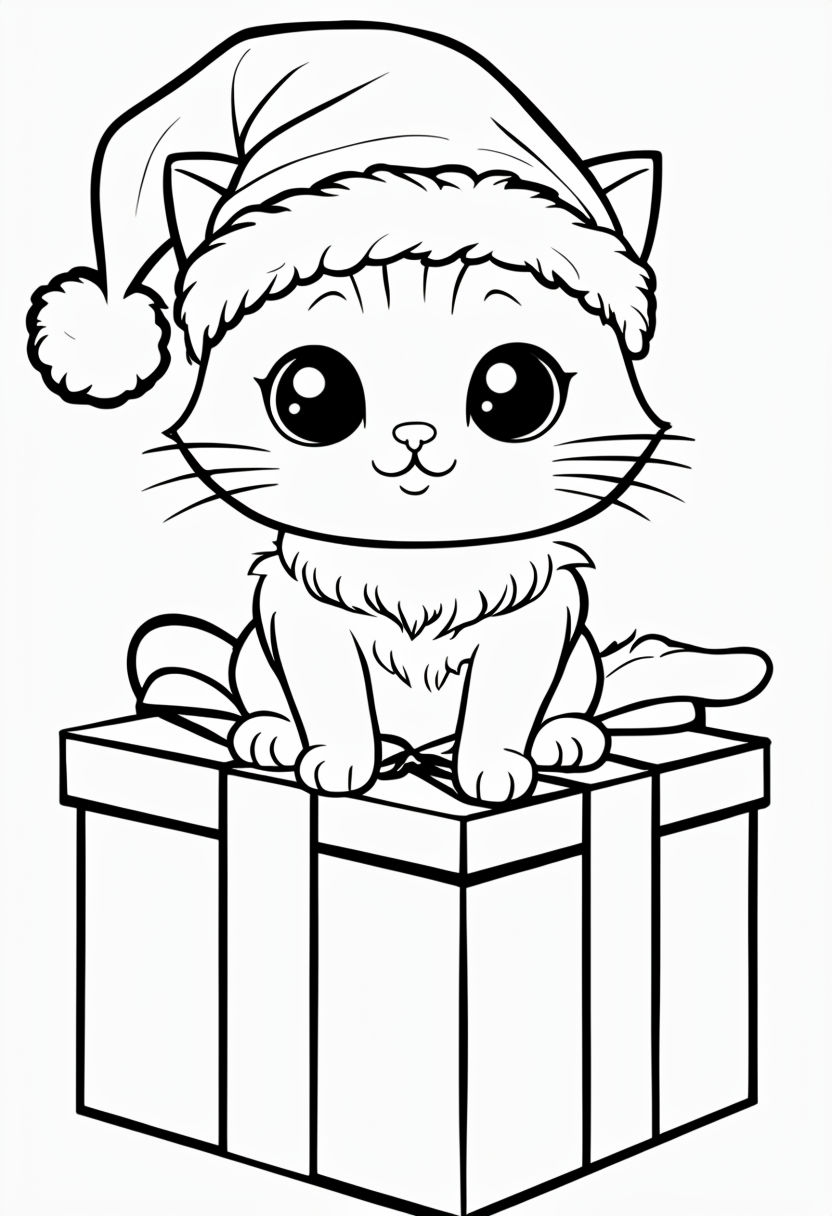 Cute Cartoon Cat on Christmas Gift Box Coloring Page