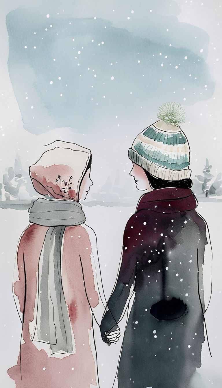 Winter Love: Watercolor Figures Walking Hand-in-Hand Art