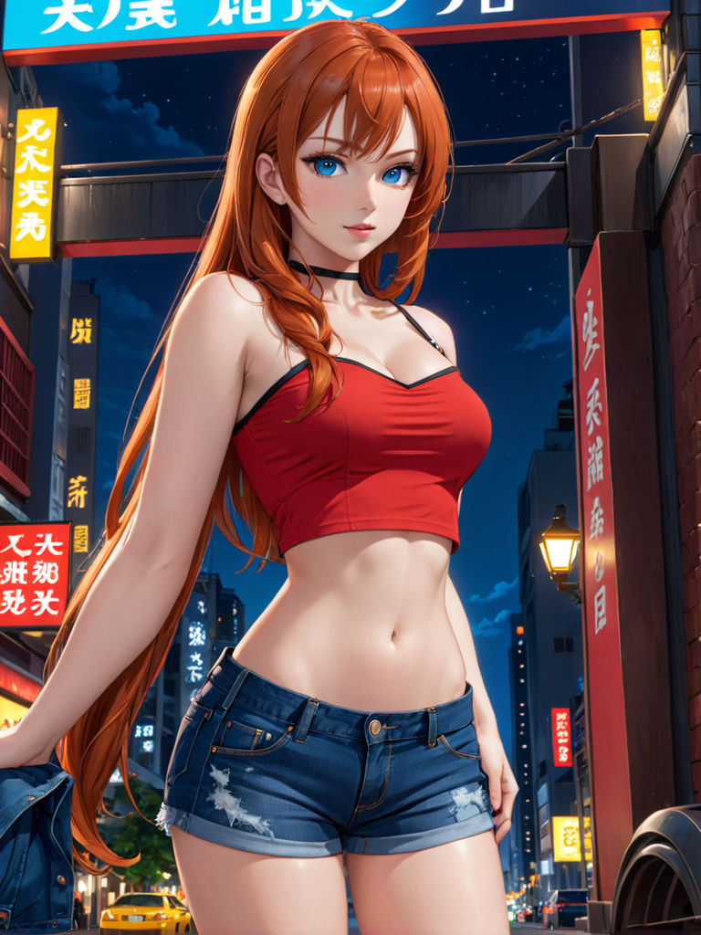 Cute anime girl with tight high waste jeans form behinde with big boobs