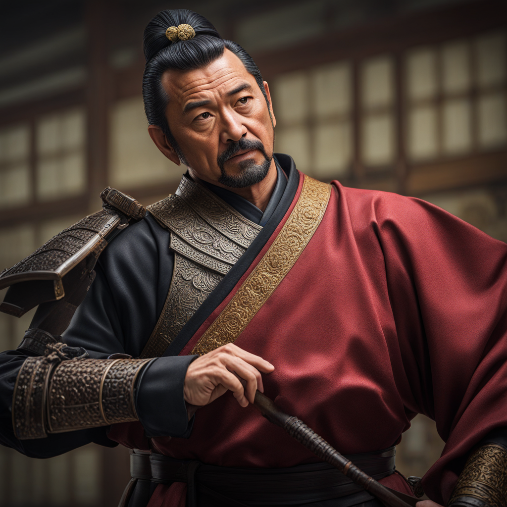 Balding ugly 45 year old 16th century samurai inspecting sam... by ...