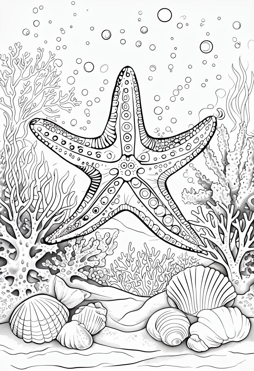 Intricate Underwater Scene with Starfish Coloring Book Page