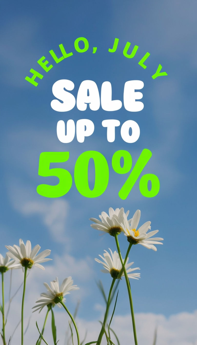 Bright Summer Sale Advertisement with Daisies and Blue Sky Social Media Post